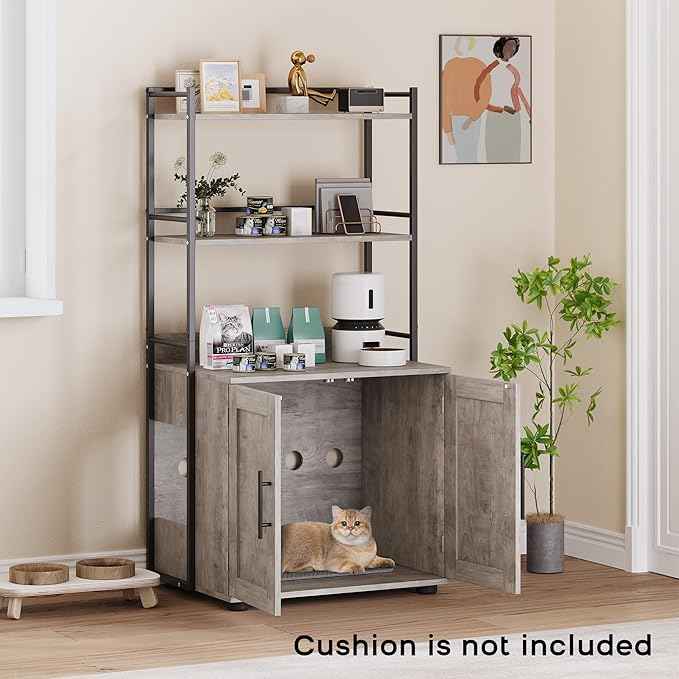 Cat Litter Box Enclosure, Hidden Litter Box Furniture with 3 Storage Shelves and Doors, Rustic Indoor Cat Cabinet, Multi-Functional Storage for Food, Cats Toilet Furniture