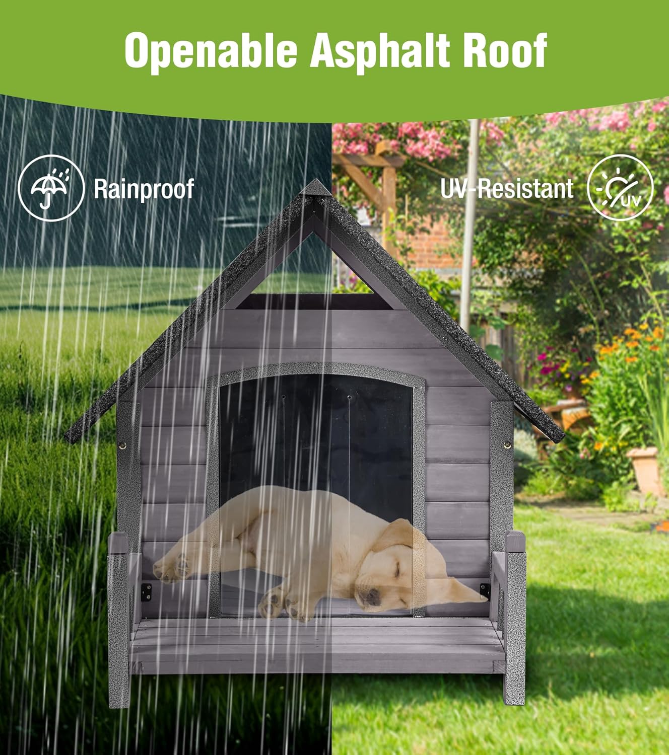 GUTINNEEN Dog House Outdoor Weatherproof with Porch, Puppy Shelter Indoor with Anti-Bite Design, PVC Curtain, Asphalt Roof, Elevated Waterproof Base, for Small to Medium Dogs - Grey - Pet Explorer