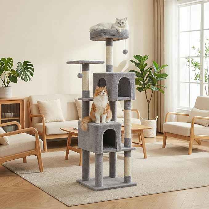 62" Cat Tree for Adult Cats - Multi-Level Tower with 2 Condos, Scratching Posts, Plush Bed & Pompoms, Gray