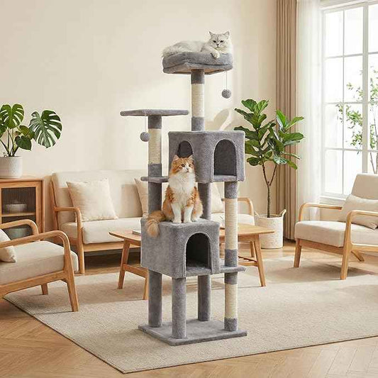 62" Cat Tree for Adult Cats - Multi-Level Tower with 2 Condos, Scratching Posts, Plush Bed & Pompoms, Gray