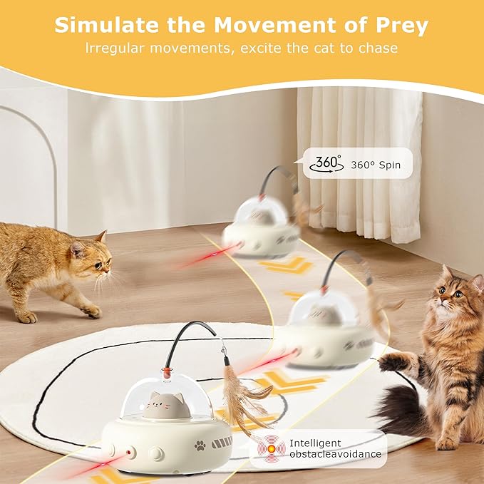 hooroor 2-in-1 UFO Laser Cat Toy with Feather, Automatic Motion Smart Sensor Interactive Toy for Indoor Cats&Small Dogs, Rechargeable Obstacle-Avoidance Exercise Toy, Self-Play Pet Gift White Updated