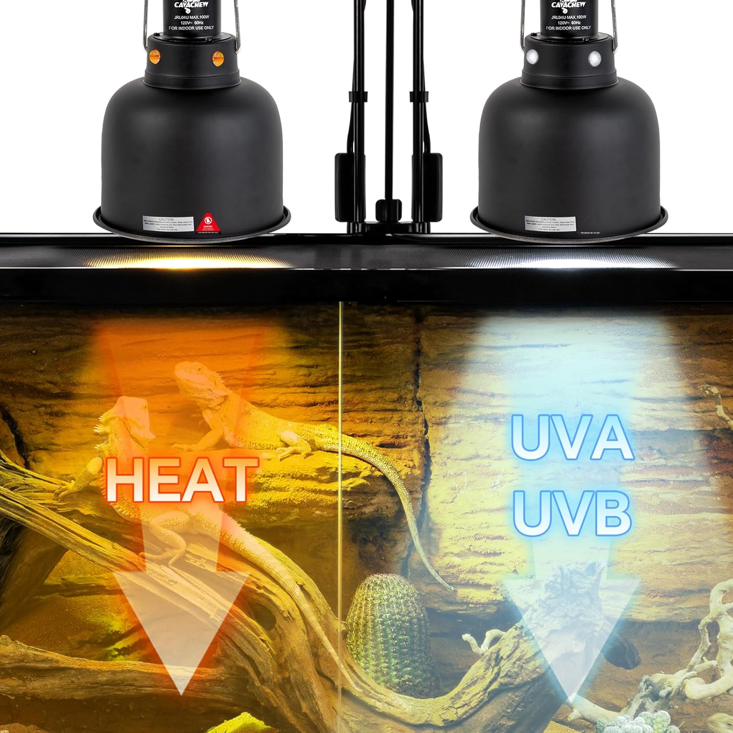 2 Pack Reptile Light Fixture, 5.5in Deep Dome Reptile Lamp Fixture, Optical Reflection Cover, Separate Switche & Hook, Terrarium Light Fixture for Reptile Heat Basking UVB Bulbs, 100W, Black - Pet Explorer