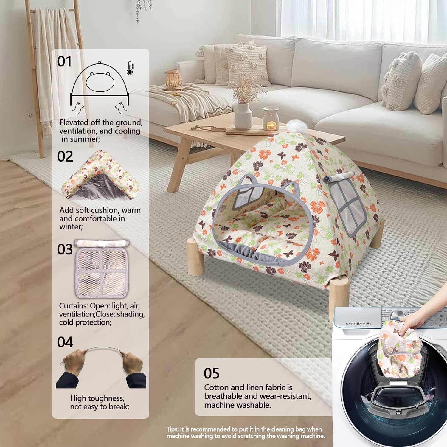 2-in-1 Elevated Cat Tent Cat House, Quick Assembly and Disassembly, Portable Indoor/Outdoor Cute Cat Bed Cave-Butterfly and Flower - Pet Explorer