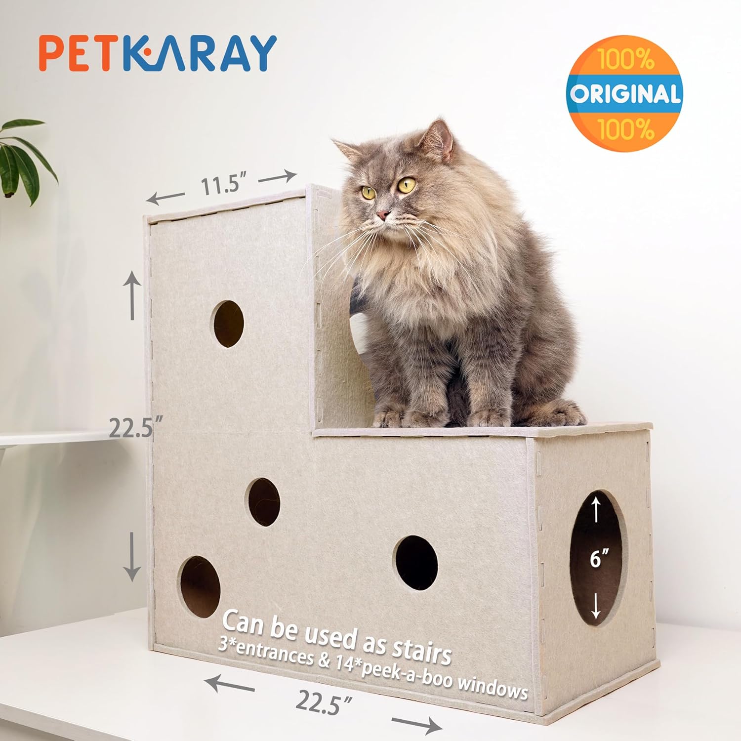PETKARAY Cat Tunnel, Original Cat Hideaway Cave for Indoor Cats, Large Kitten Play Tubes and Tunnels, Soft Felt Cat Toy with Interactive Peek Hole - Pet Explorer