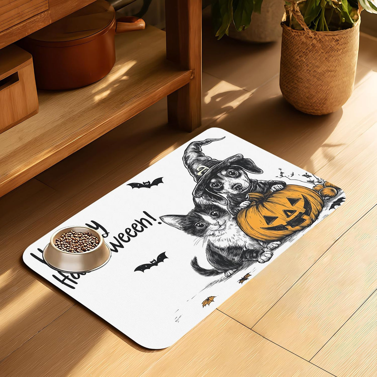 Halloween Cat Dachshund Dog Cat Food Mat-Absorbent Placemat for Food and Water Bowl, Waterproof Non Slip Rubber Backing Dog Food Mats for Floors, Pet Supplies 12 * 20 inch