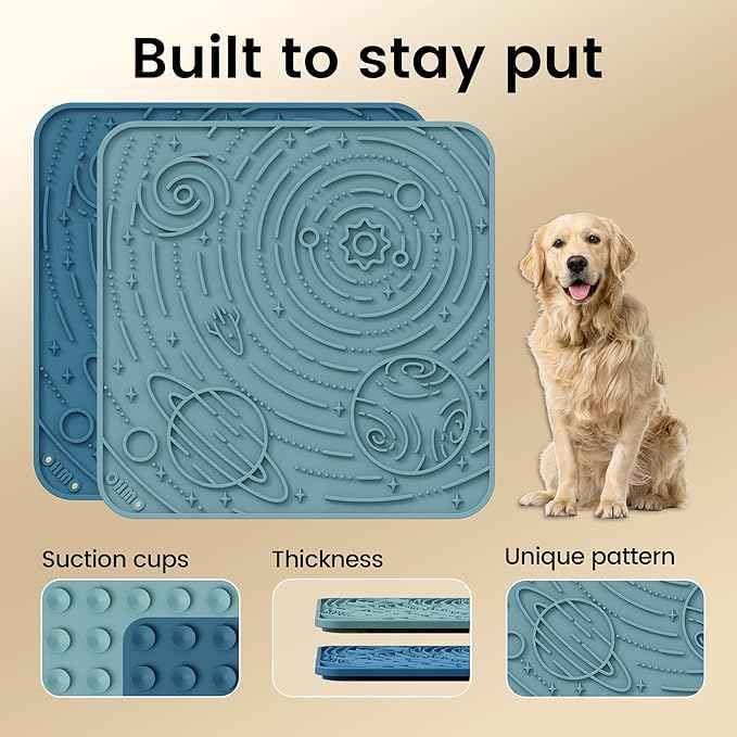OHMO Lick Mat for Dogs and Cats(Large, Dark&Light Blue, 2pcs) Enrichment Accessories Toy Space Star Easy Clean Pet Slow Feeder/Suction Cups, Licking Pad for Anxiety Relief and Boredom Reduction