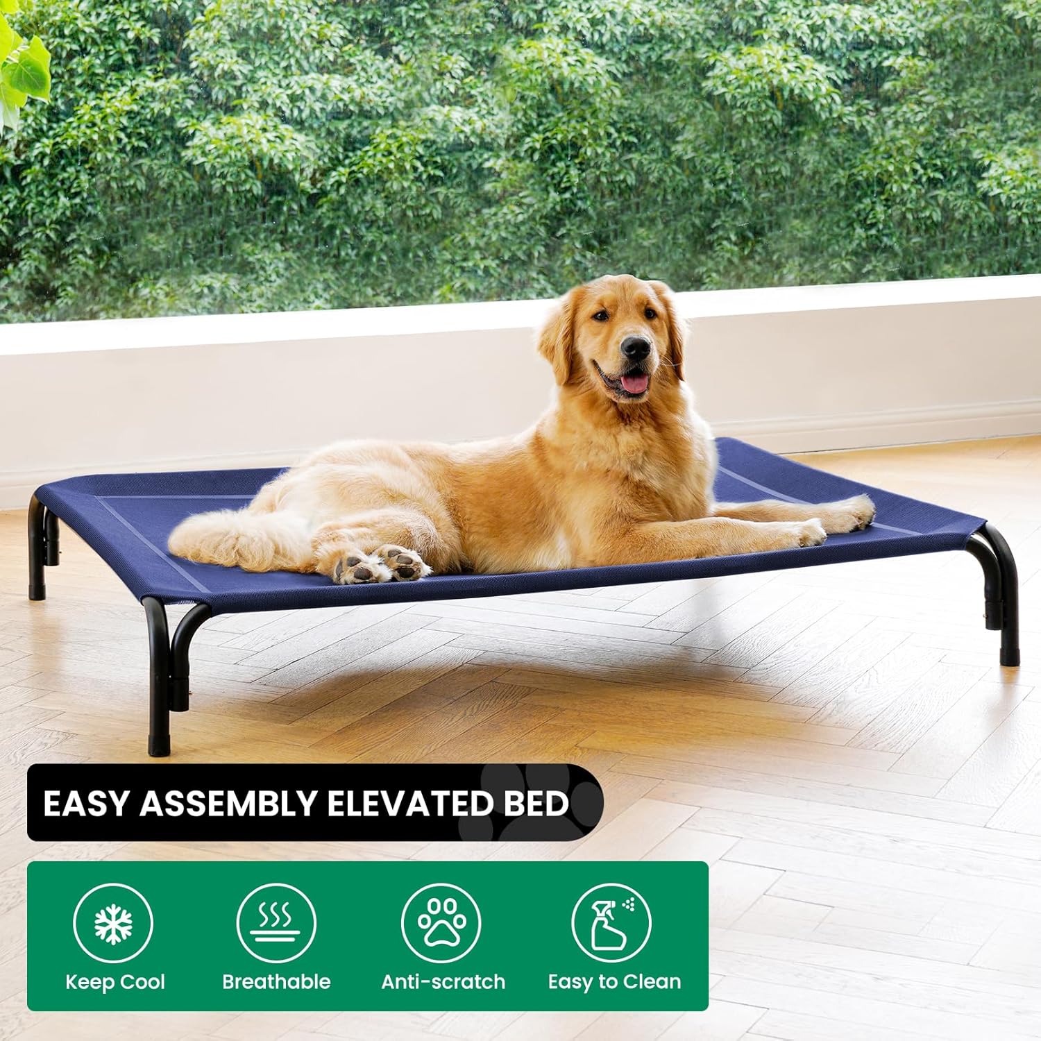 Elevated Dog Bed Raised Outdoor Dog Cot for Extra Large Dogs, Installation Requires No Tools, Frame with Washable Cooling Breathable Mesh Anti-Slip Feet, Indoor Pet Bed, Blue, 48.8 Inches - Pet Explorer