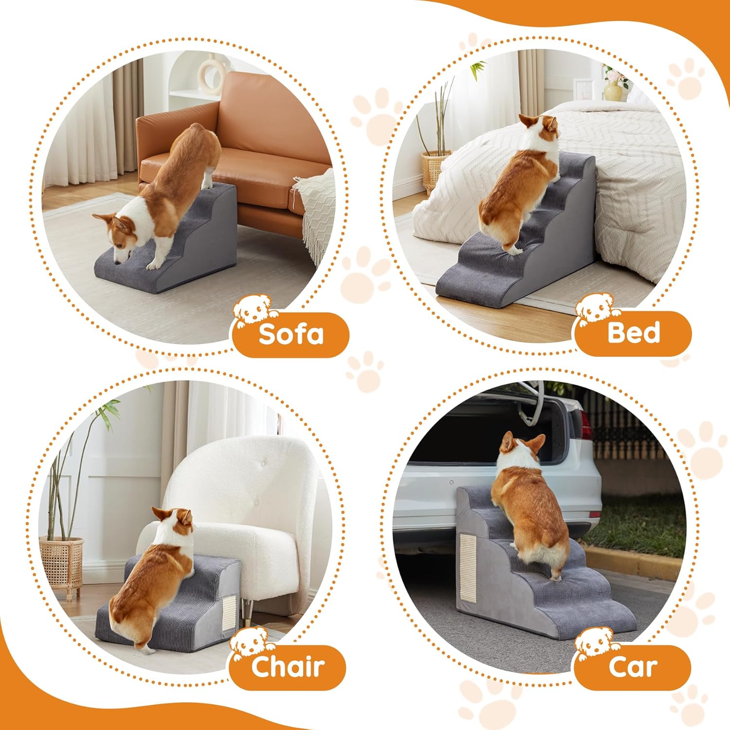 Dog Stairs for Small Dogs, 4-Step Dog Ramp for Bed 19.7" H, Dogs Steps for Bed, Couch, Pet Stairs with Non-Slip Bottom Design, Cat Scratching, High Density Foam Portable Pet Steps, Indoor, Grey - Pet Explorer