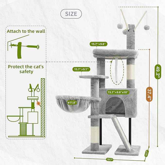 Cat Tree for Indoor Cats, Cat Tower with Scratching Post for Small Cats and Kittens, Cat House with Removable Top Platform and Fluffy Balls, Hanging Cat Basket, Light Gray GCT006SW
