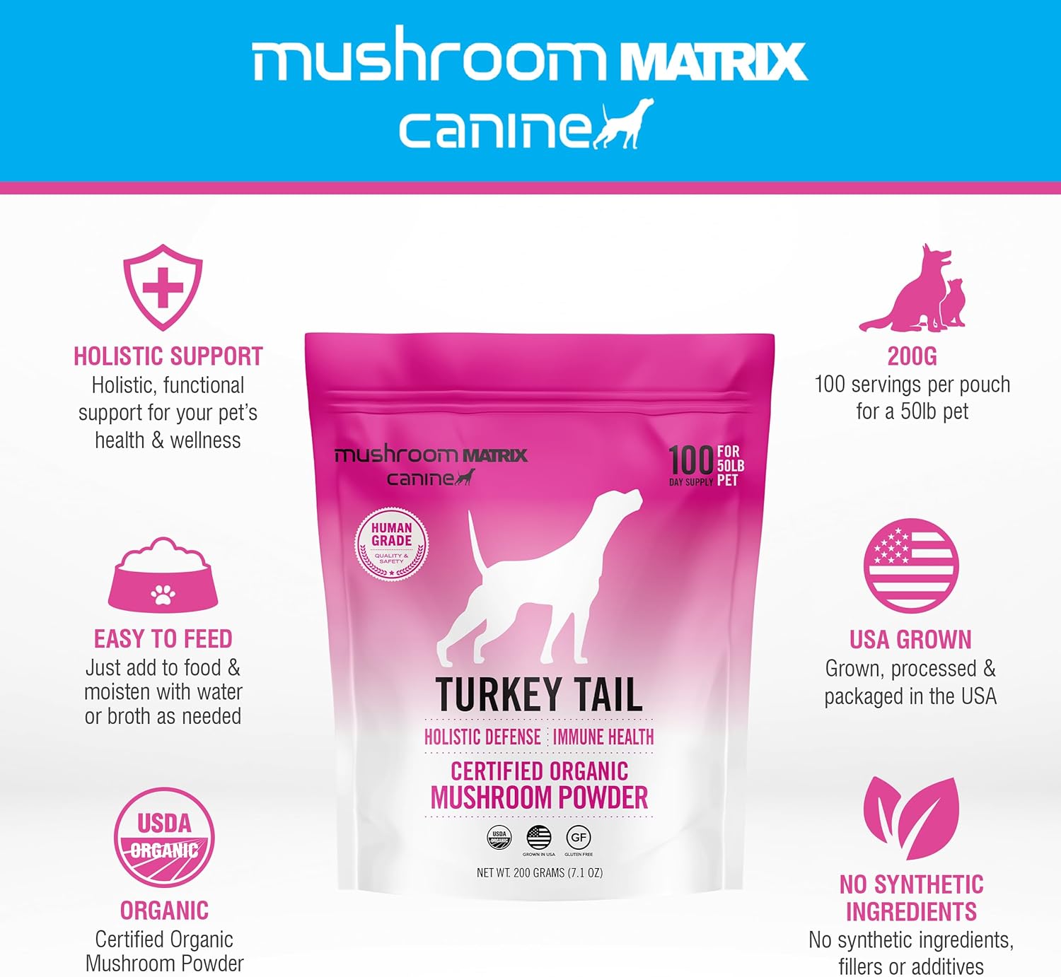 Om Mushroom Matrix Turkey Tail Mushroom Pet Supplement Powder, Provides Immunity Support & Holistic Defense for Dogs & Cats, 200 Grams, 7.1 oz - Pet Explorer