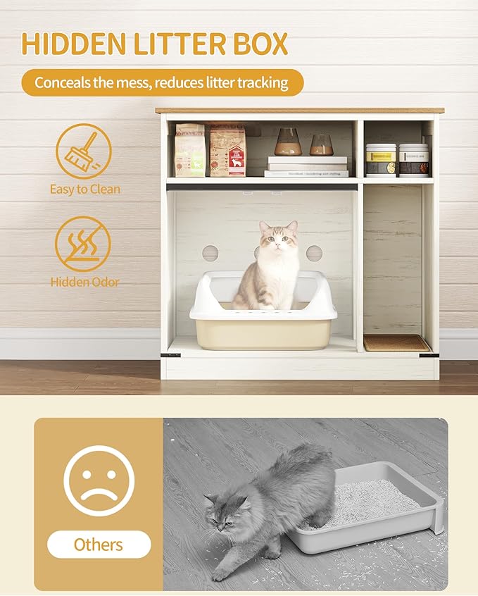 Cat Litter Box Enclosure, Hidden Litter Box Furniture with Storage, Wooden Cat Cabinet with Scratch Pad, Farmhouse Cats House, TV Stand End Table, Rustic Brown and White CB87514X