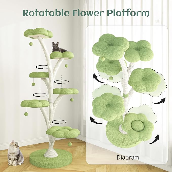 FKWin 71 Inch Tall Cat Tree, Flower Shape Scratching Post, Cat Scratcher, Cat Furniture for Indoor Cats, Kittens Pet House, Cat Bed with Hang Ball, Plush Cat Tower for Large and Small Cats(Green)