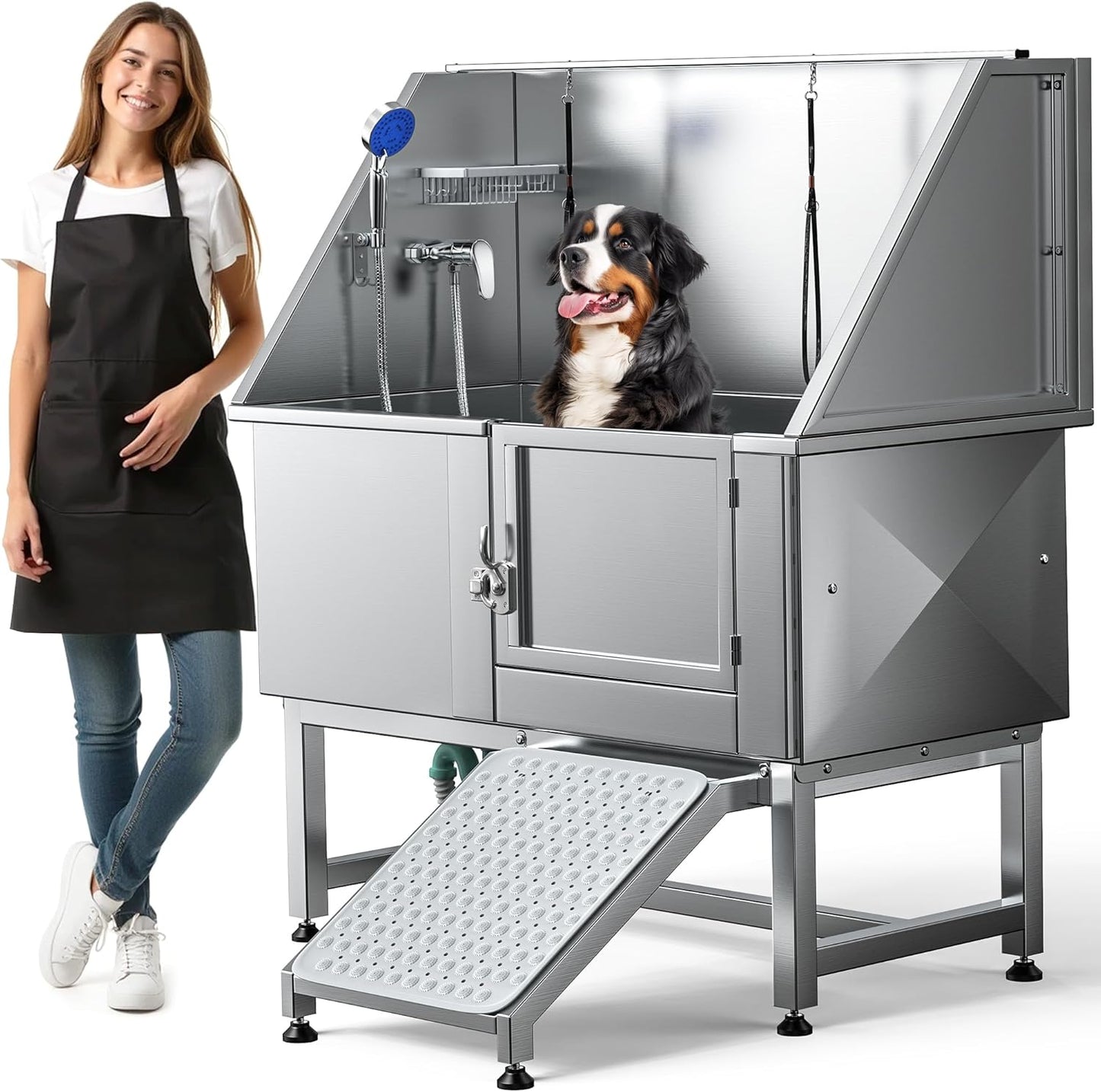 DWVO Professional Pet Dog Bathing Station for Grooming, 50'' Dog Grooming Bathtub with Right Ramp, Floor Grate, Faucet, Showerhead & Soap Holder for Large, Medium & Small Pets - Pet Explorer