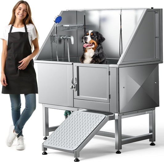 DWVO Professional Pet Dog Bathing Station for Grooming, 50'' Dog Grooming Bathtub with Right Ramp, Floor Grate, Faucet, Showerhead & Soap Holder for Large, Medium & Small Pets - Pet Explorer