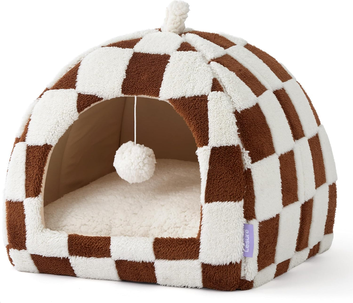 Lesure Cute Cat Beds for Indoor Cats - 2 in 1 Cat Cave Bed for Kittens and Small Pets, House with Removable Washable Cushioned Pillow, Cozy Tent House with Non-Slip Bottom, Brown, 16 inches - Pet Explorer