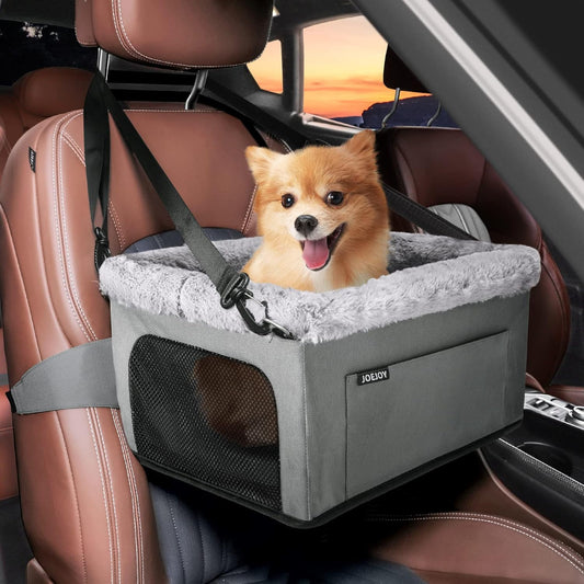 JOEJOY Deluxe Dog Booster Seat with Sturdy Metal Frame and Safety Leash for Small Pets up to 20 lbs - Portable Puppy Dog Car Seat with Thick Cushion and Storage Pockets for Small Dogs - Pet Explorer