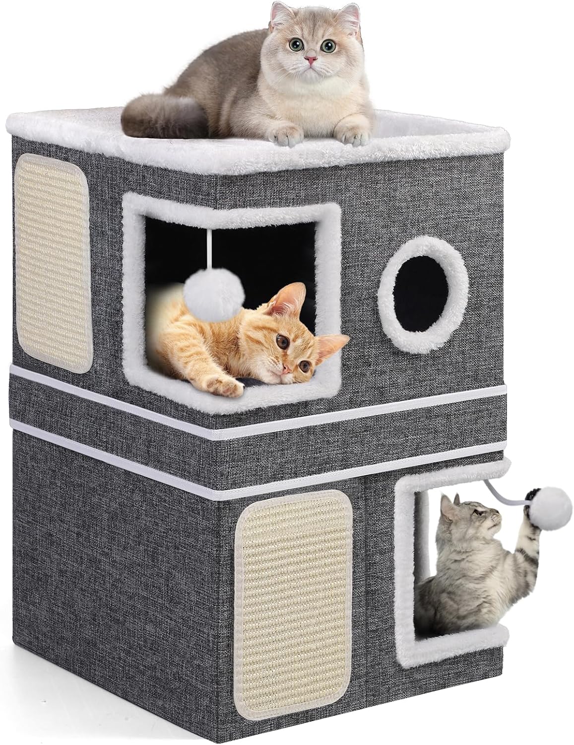 2-Storey Cat House for Indoor Cats, Separate Into 2 Large Cat Bed Cave with Hideaway Condos, Scratch Pads, Hanging Balls, Foldable Indoor Cat House Hold Up to 30LBS, Cat Cube for Multiple Cats Kitten - Pet Explorer