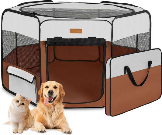 Dog Playpen, Portable Pet Play Pen for Cat, Puppies, Rabbits, Chickens, Foldable Large-Capacity Pet Tent for Indoor/Outdoor Travel Camping Brown - Pet Explorer