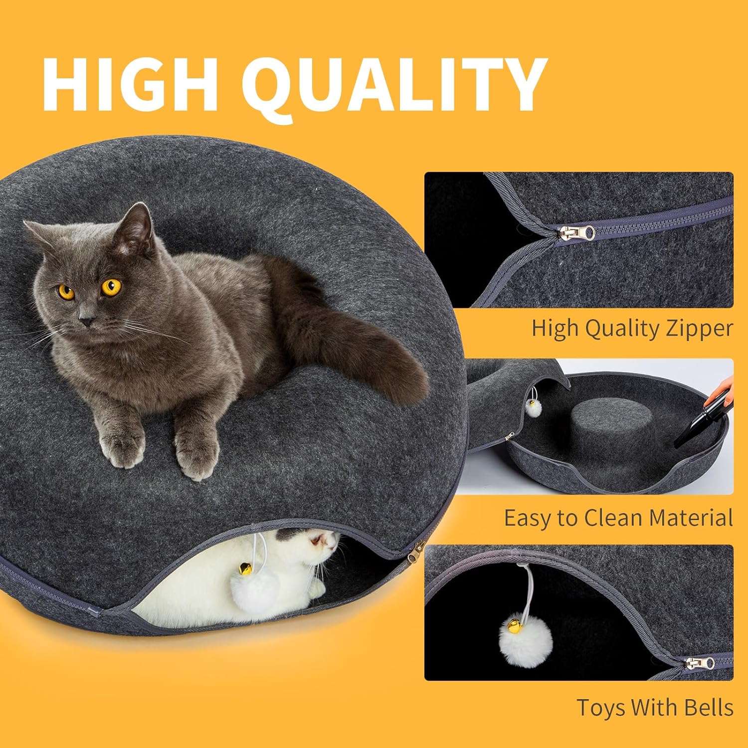 Jia Xi Indoor Cat Hideout Tunnel Bed - Donut Cat Condo and Cave - Dark Grey (20 in * 20 in * 8 in) - Pet Explorer