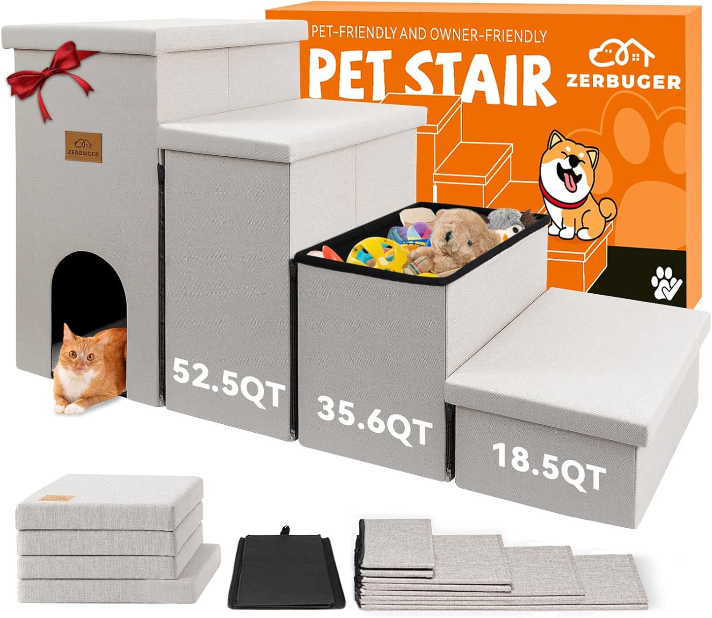 Dog Stairs with Condo 23" H, 4-Step Wider Folding Storage Pet Stairs Gift for Small/Medium/Large Old Dogs Cats, Dog Steps for High Beds Window, Ramp for Climbing Car Up to 200 lbs, Beige - Pet Explorer