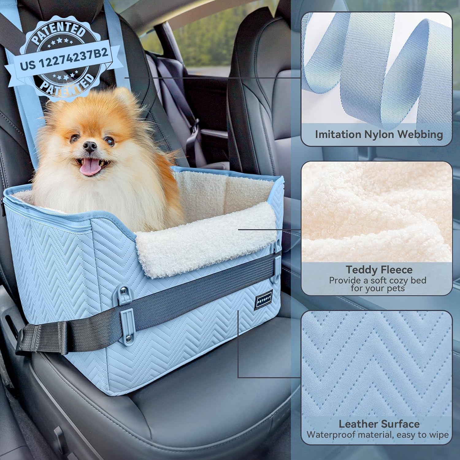PETSFIT Dog Car Seat Medium Sized Dog, Stable Small Dog Car Seat for Car with Clip-On Leash, Fleece Liner Suitable for Small Pets Up to 25lbs (Blue) - Pet Explorer