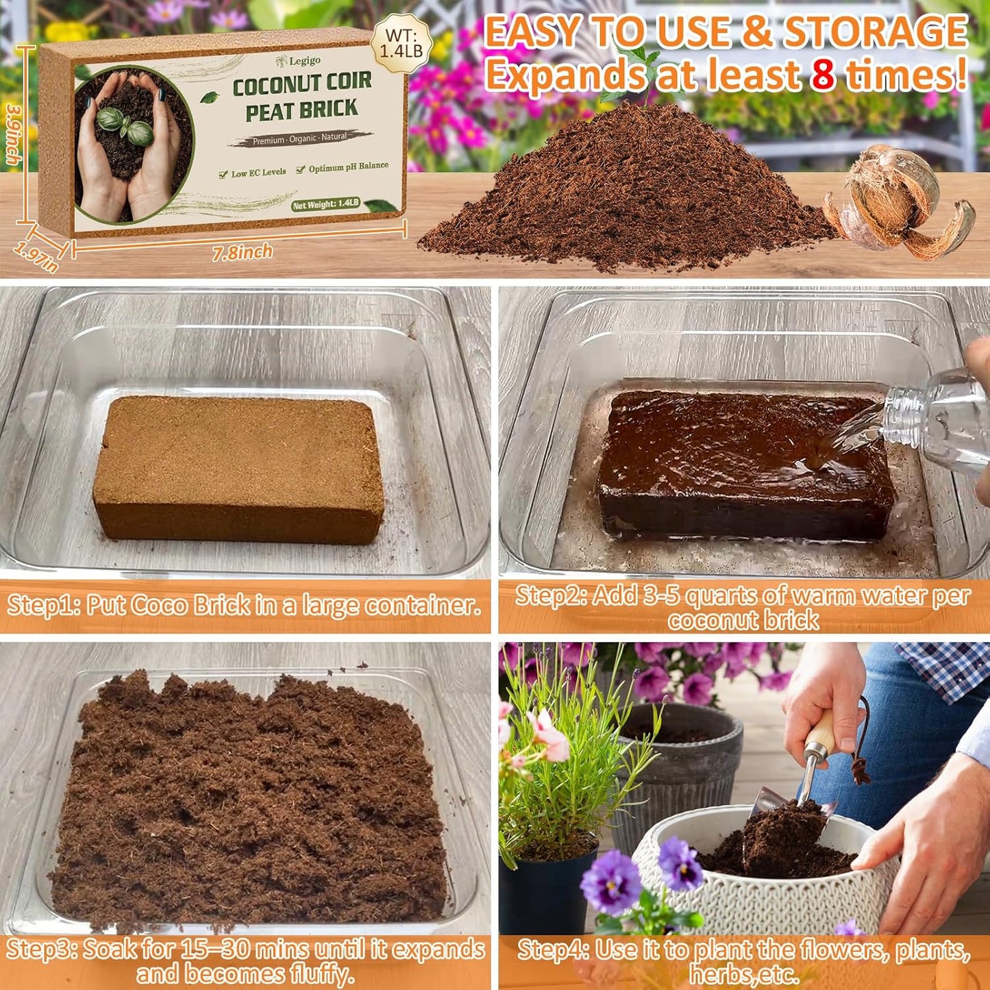 Legigo 4 Pack Premium Coco Coir Brick for Plants- 100% Organic Compressed Coconut Coir Bricks Starting Mix, Coco Coir Fiber Coconut Husk for Planting, Gardening, Potting Soil Substrate, Herbs - Pet Explorer