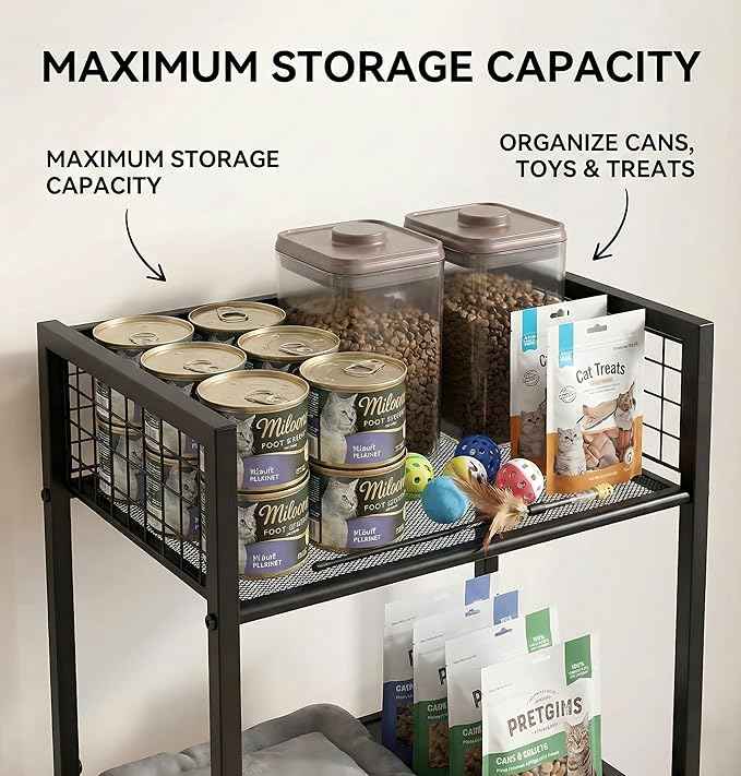 4in1 Cat Furniture Stand with Cat Scratching Post, Cat Food Bowls, Cats Bed Platform, Cats Food Storage Organizer, All in One Pet Furniture for Small Space (Black)