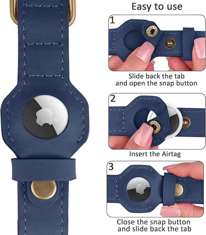 AirTag Dog Collar - Genuine Leather Dog Collar with Apple AirTag Holder and Metal Buckle - Smart GPS Tracking Pet Collars (Smoky Blue, L, 17"-21" Neck Fit)