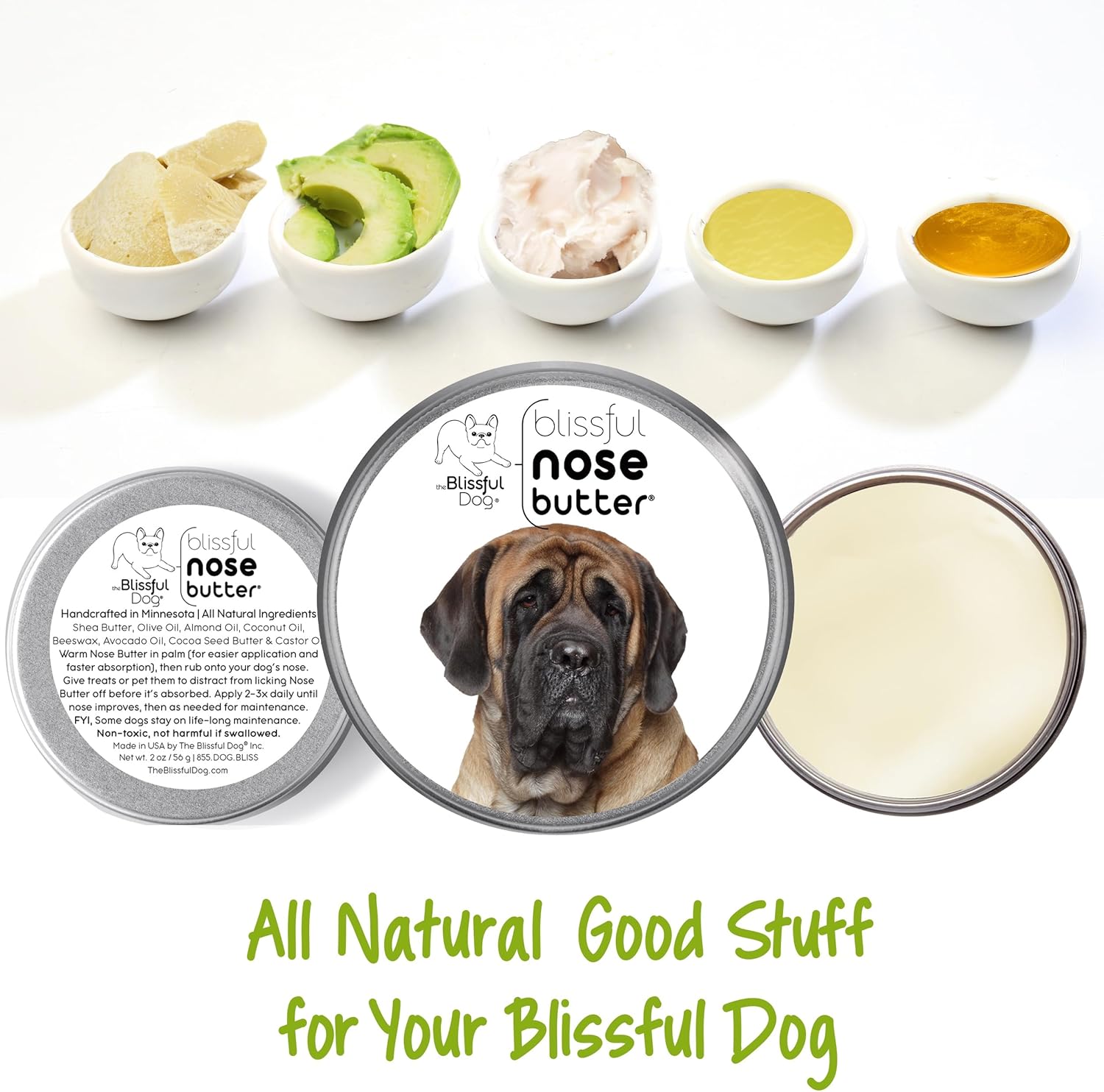 The Blissful Dog Mastiff Nose Butter for Dry, Cracked Skin, Lick-Safe Dog Nose Balm with Moisturizing Shea Butter, Almond, Olive, and Essential Oils, Pet Supplies, Uncented, 1 oz. - Pet Explorer