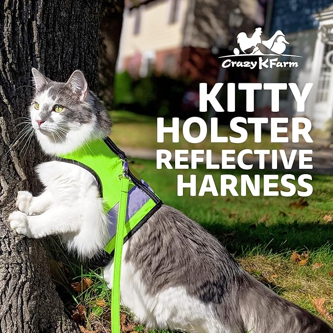 Kitty Holster Reflective Cat Harness – High-Visibility Cat Harness for Travel, Day and Night Walking - Soft Cotton Cat Accessories, Breathable, Secure & Washable, Made in USA - Loud Lime, M to L
