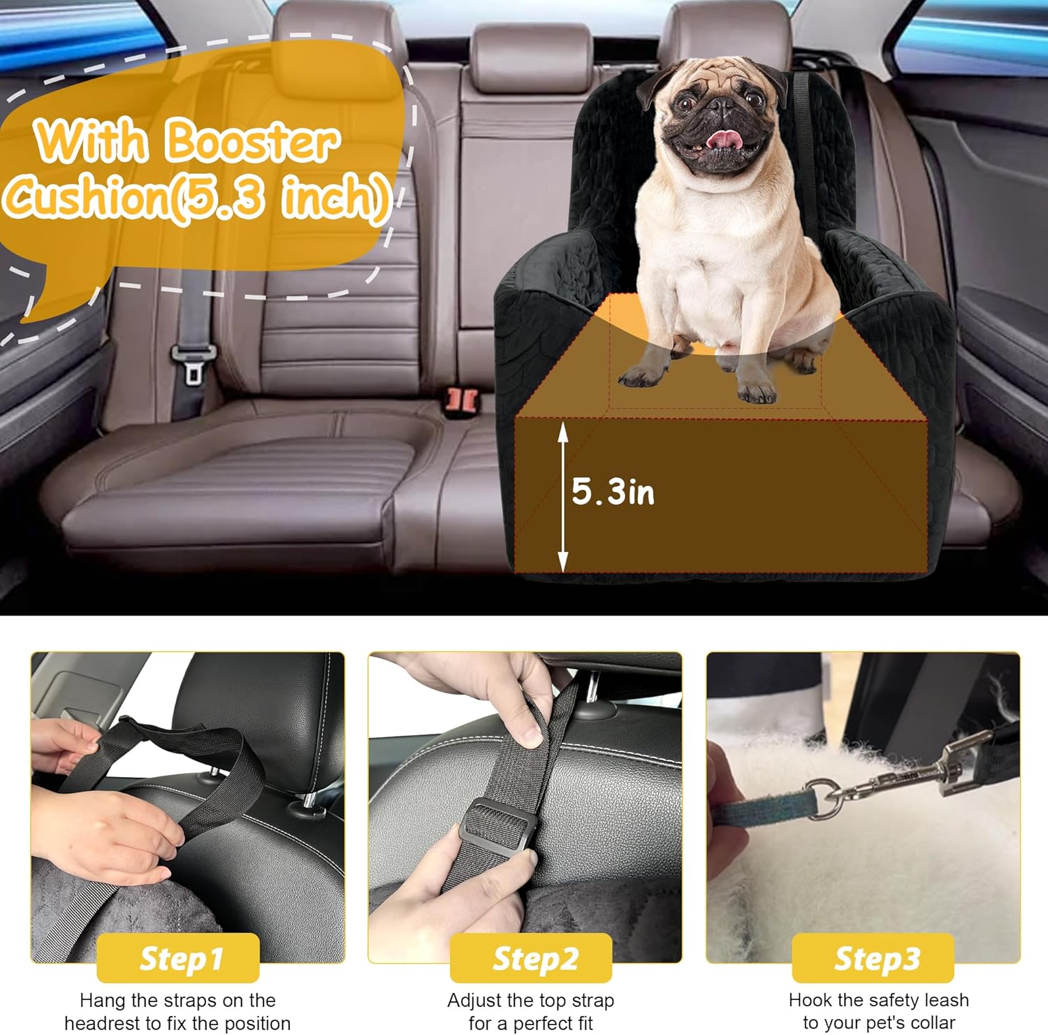 Dog Car Seat for Small/Medium Dogs, Memory Foam Dog Booster Seat, Travel Safety with Washable Removable Cover, Storage Pockets for Dogs up to 35 lbs(Black) - Pet Explorer