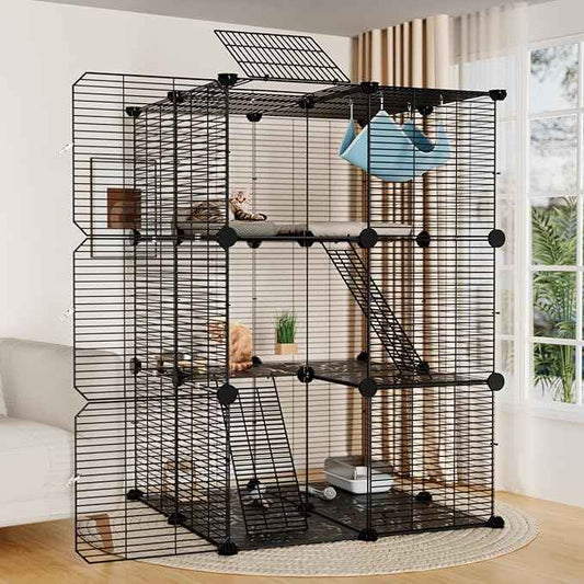 Large Cat Cage Indoor: Enclosed Cat Enclosure DIY Pet Playpen Detachable Metal Wire Kennel Sturdy Crate with Hammock for Cats Kitten