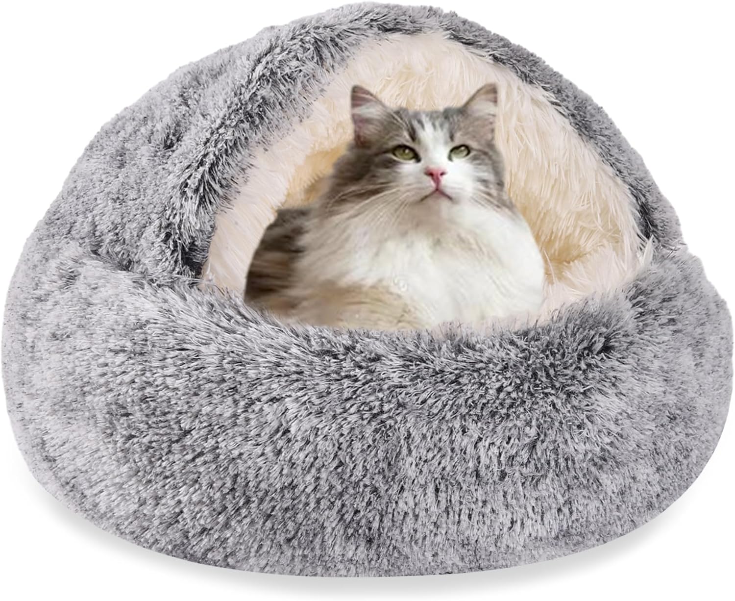 HYQ Small Dog Bed with Cover Cave, Cat Beds for Indoor Cats Washable, Cozy Cat Cave Bed, Round Puppy Bed with Hooded Cover, Dog Beds for Small Dogs with Anti-Slip Bottom (Grey, 20×20 Inch) - Pet Explorer