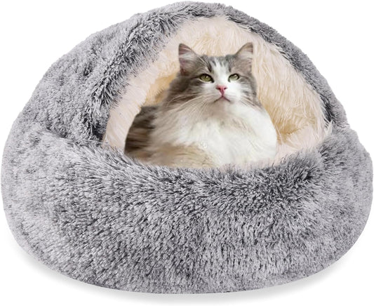 HYQ Small Dog Bed with Cover Cave, Cat Beds for Indoor Cats Washable, Cozy Cat Cave Bed, Round Puppy Bed with Hooded Cover, Dog Beds for Small Dogs with Anti-Slip Bottom (Grey, 20×20 Inch) - Pet Explorer
