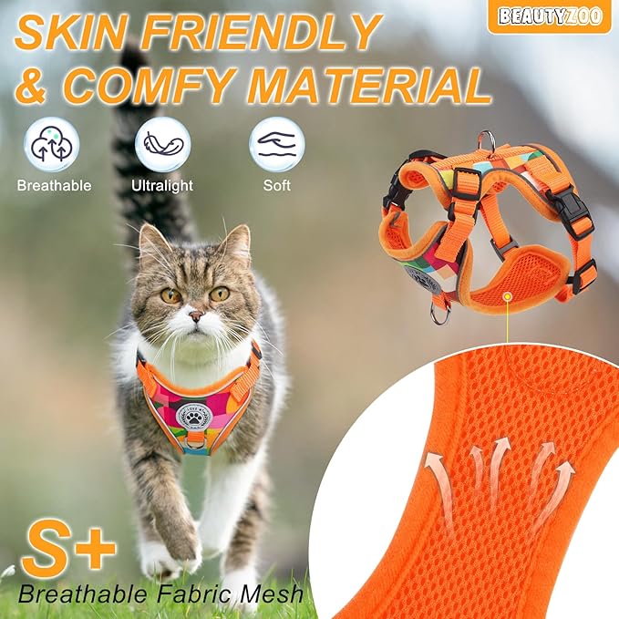 BEAUTYZOO Escape Proof Cat Harness and Leash for Walking, Soft Adjustable Cute Vest for Small to Large Cats, Reflective Breathable Easy-Control Outdoor Jacket, Kitten Harness and Leash Set, Orange, M