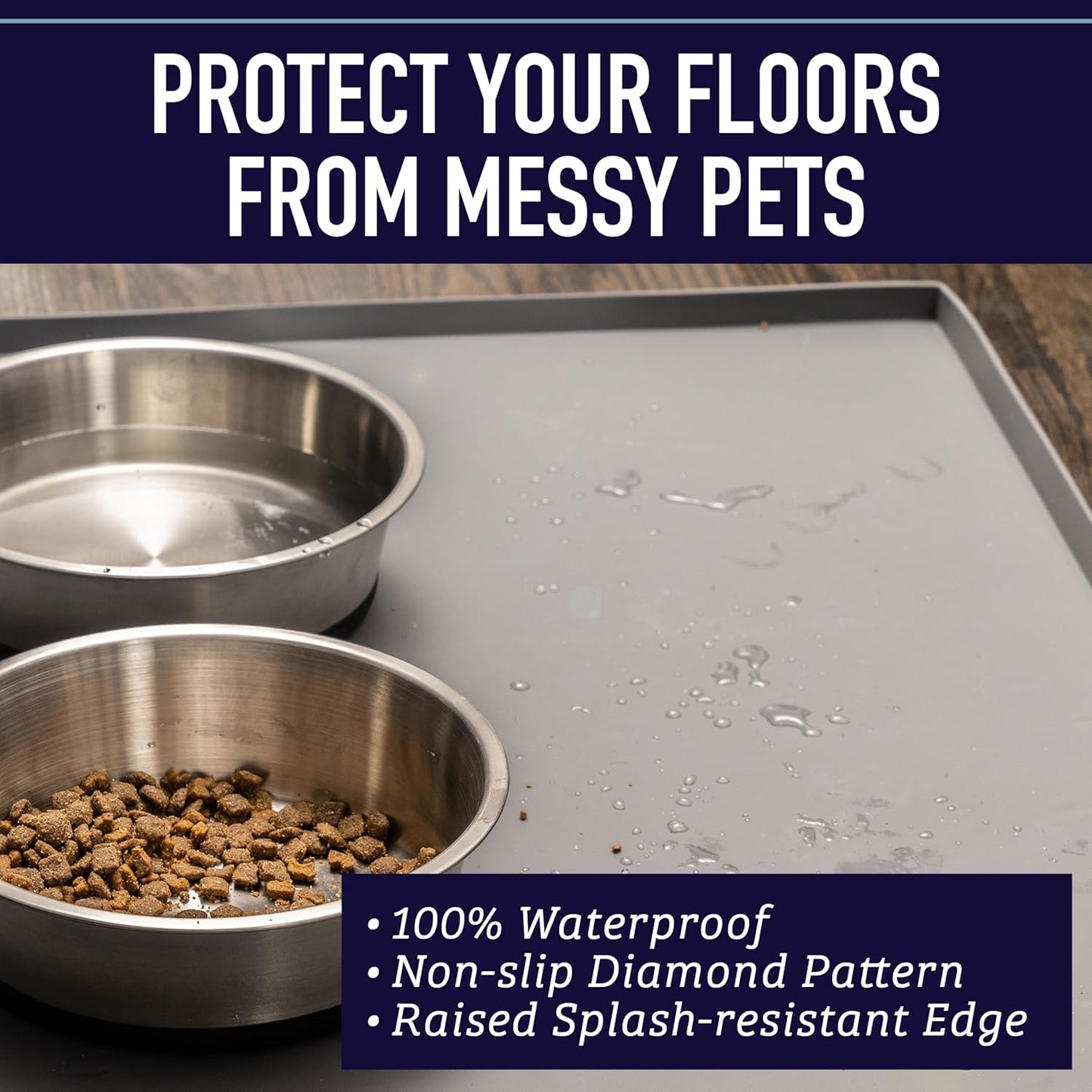 Leash Boss Beige Silicone Dog Feeding Mat & Cat Bowl Placemat - XL 25" x 17" Beige Diamond Pattern - Waterproof Non-Slip Silicone Pad with Raised Edges - Pad for Water Bowls