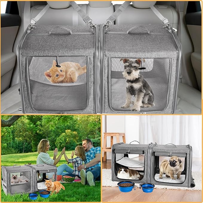 Suertree Large Cat Carrier for 2 Cats with Zipper Locks, Double Cat Carrier with Travel Litter Box, Soft Pet Travel Carrier for Cats and Small Dogs Up to 45 Lbs, Gray