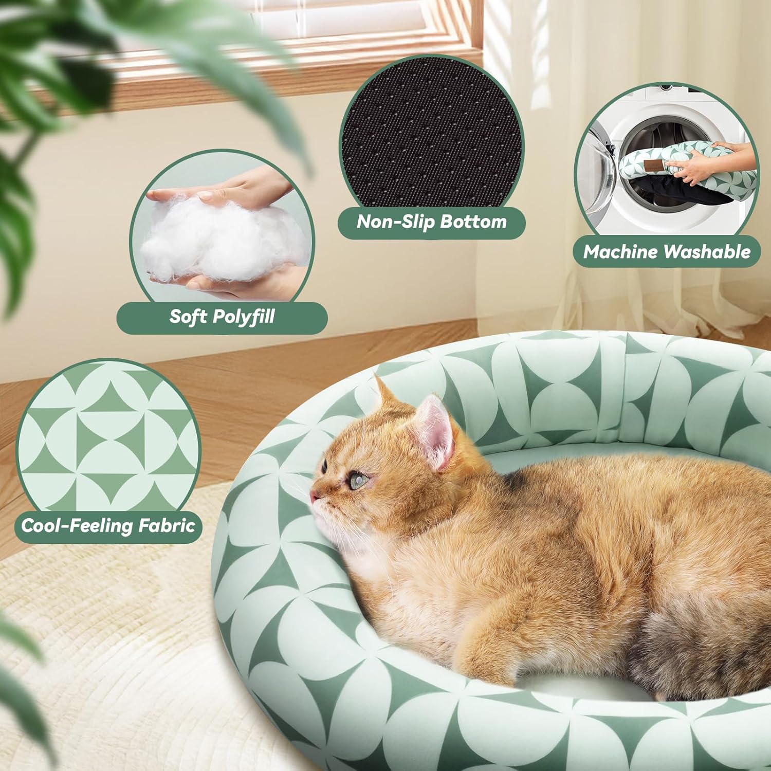 Cat Bed, 20In Dog Beds for Small Dogs, Calming Cat & Dog Beds for Indoor Pets, Pet Beds Comfortable Donut Round Ultra Soft (Green Pattern, 20.0" L x 20.0" W x 6.5" Th) - Pet Explorer