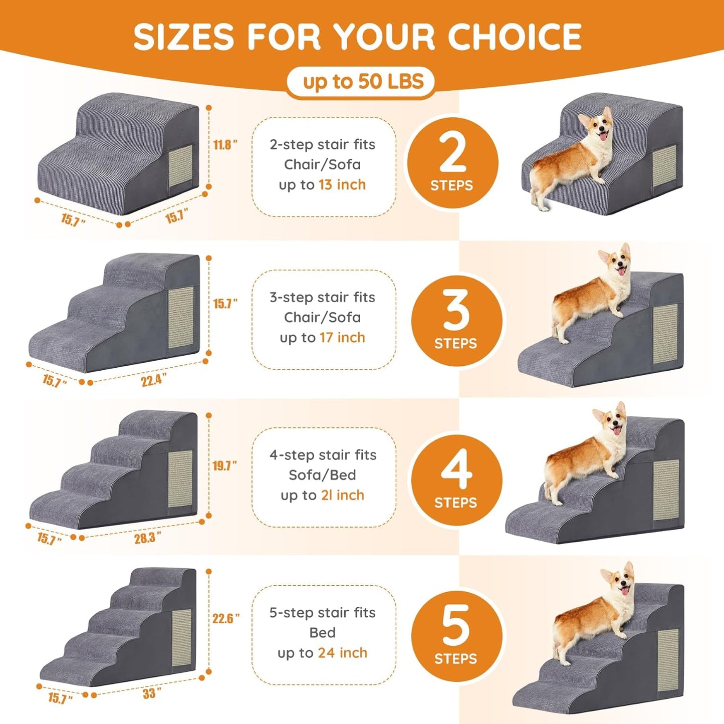 Pet Stairs, Dog Stairs for Small Dogs, Dogs Steps, 5-Step Curved Dog Ramp for Bed, Couch, Sofa, Car and Chairs, Non-Slip Bottom Design, Cat Scratching Board, High Density Foam Portable Pet Step, Grey - Pet Explorer