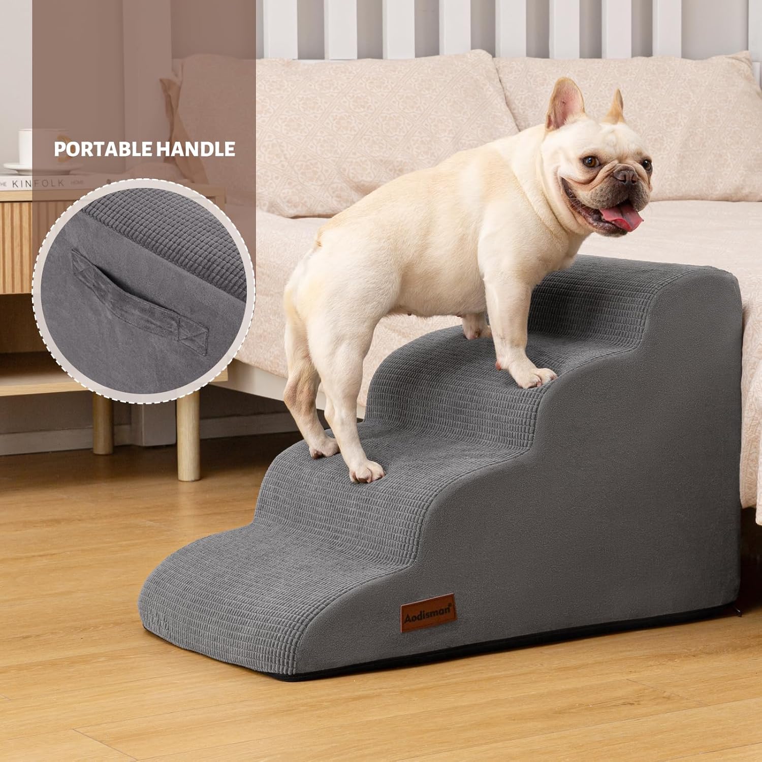 4-Step Dog Stairs and Ramp for Beds or Couches – Non-Slip Sturdy Pet Steps for Small Dogs and Cats,17.4" H,Grey - Pet Explorer
