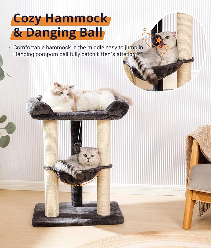Happi N Pets 28" Cat Tree Tower, Tall Cat Scratching Post with Soft Perch for Window Viewing, Large Bed for Big Cats, Stable & Compact Cat Tower with Hammock, Removable Cover-Gray
