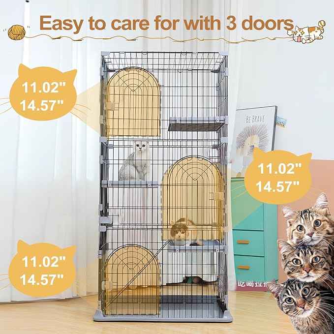 Cat Cage 3-Tier Indoor Cat Enclosure with Widen Bottom Buckle & Reinforced Locking Clamps DlY Cat Playpen for 2-3 Cats & Small Pets,30" Lx 20" W X 52.5" H (Grey, Three-Tier52.5")