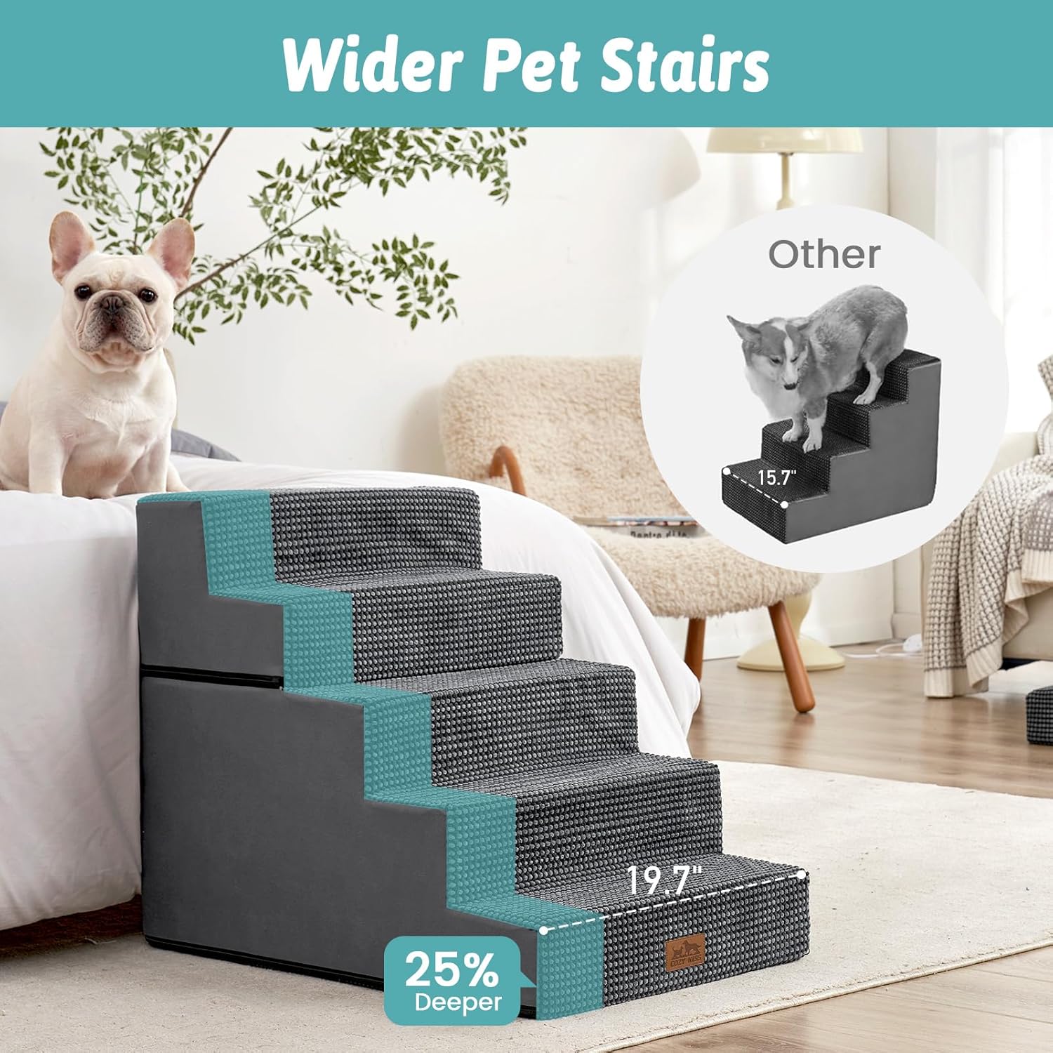 Dog Stairs for Small Dogs, 5 Tier Removable Wider Pet Stairs for Couch and Bed, 23.6" H Non-Slip Dog Steps for Puppies and Old Cats with Support Board, 29.5x19.7x23.6 inch, Dark Grey - Pet Explorer