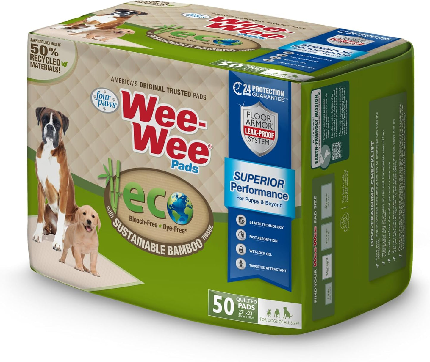 Four Paws Wee-Wee Superior Performance Bamboo Pee Pads for Dogs, Earth Friendly Dog & Puppy Potty Training Pads, Crate Liners, Housebreaking Supplies, 22" x 23" (50 Count) - Pet Explorer