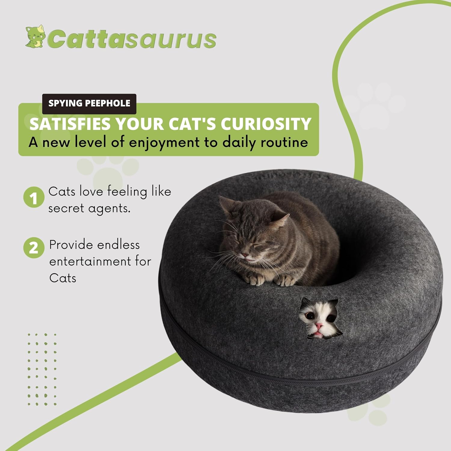 CATTASAURUS Peekaboo Cat Cave for Multiple & Large Cats Up to 30-45 Lbs, Scratch Detachable & Washable Tunnel Bed, Comfy Donut Cat Cave (Dark Gray + Dark Gray, Large) - Pet Explorer