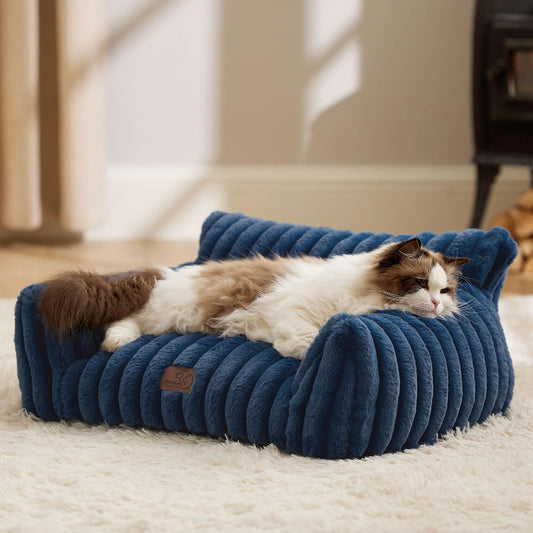 Bedsure Cute Cat Couch for Pets - Fluffy Cat Sofa with Premium Soft Corduroy Fleece, Fuzzy Pet Couch Bed with Removable Washable Cover, Supportive Pet Chair for Indoor Cats, 24inch, Night Blue - Pet Explorer