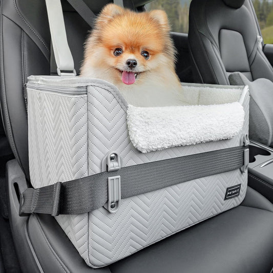 PETSFIT Dog Booster Car Seat, Waterproof PU Leather Dog Car Seats for Small Dogs with Patent Safe Buckles, Clip-On Leash, Pet Car Seat for Small Pets Up to 25lbs (Cool Grey) - Pet Explorer