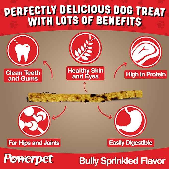 Powerpet Beef Collagen Sticks Soft Dog Chew - 100% Natural & Highly Digestible, High Protein, Low Fat, Rawhide-Free for Hip & Joint and Skin & Coat, Healthy Treats - Bully Sprinkled Flavor, Pack of 10