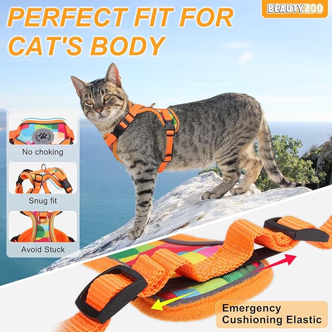 BEAUTYZOO Escape Proof Cat Harness and Leash for Walking, Soft Adjustable Cute Vest for Small to Large Cats, Reflective Breathable Easy-Control Outdoor Jacket, Kitten Harness and Leash Set, Orange, S