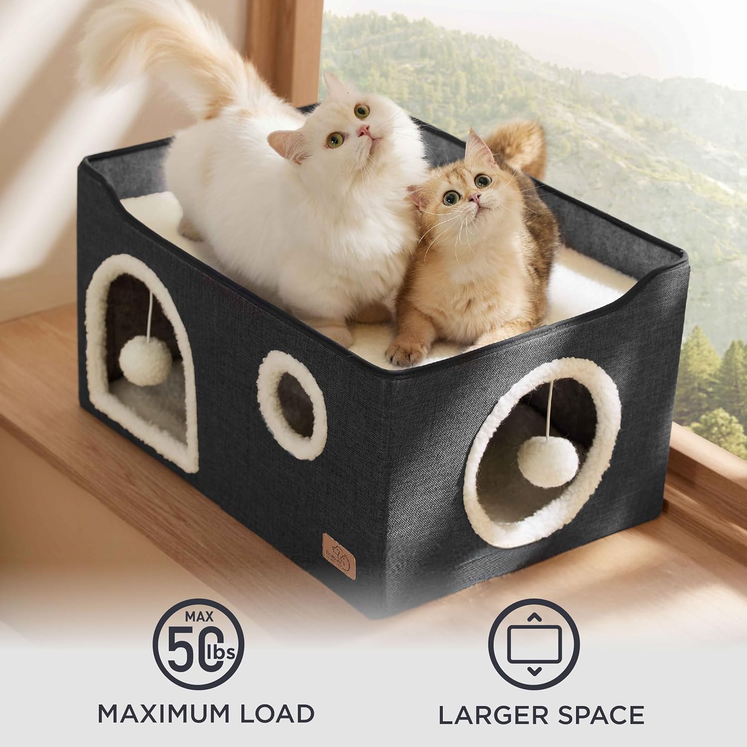 Bedsure Large Cat Beds for Indoor Cats - Extra Wide Cat Cube House for Small Pet with Fluffy Ball Hanging and Scratch Pad, Foldable Pet Cave Hideaway for Multiple Cats, 23.6x16.9x13 inches, Dark Grey - Pet Explorer